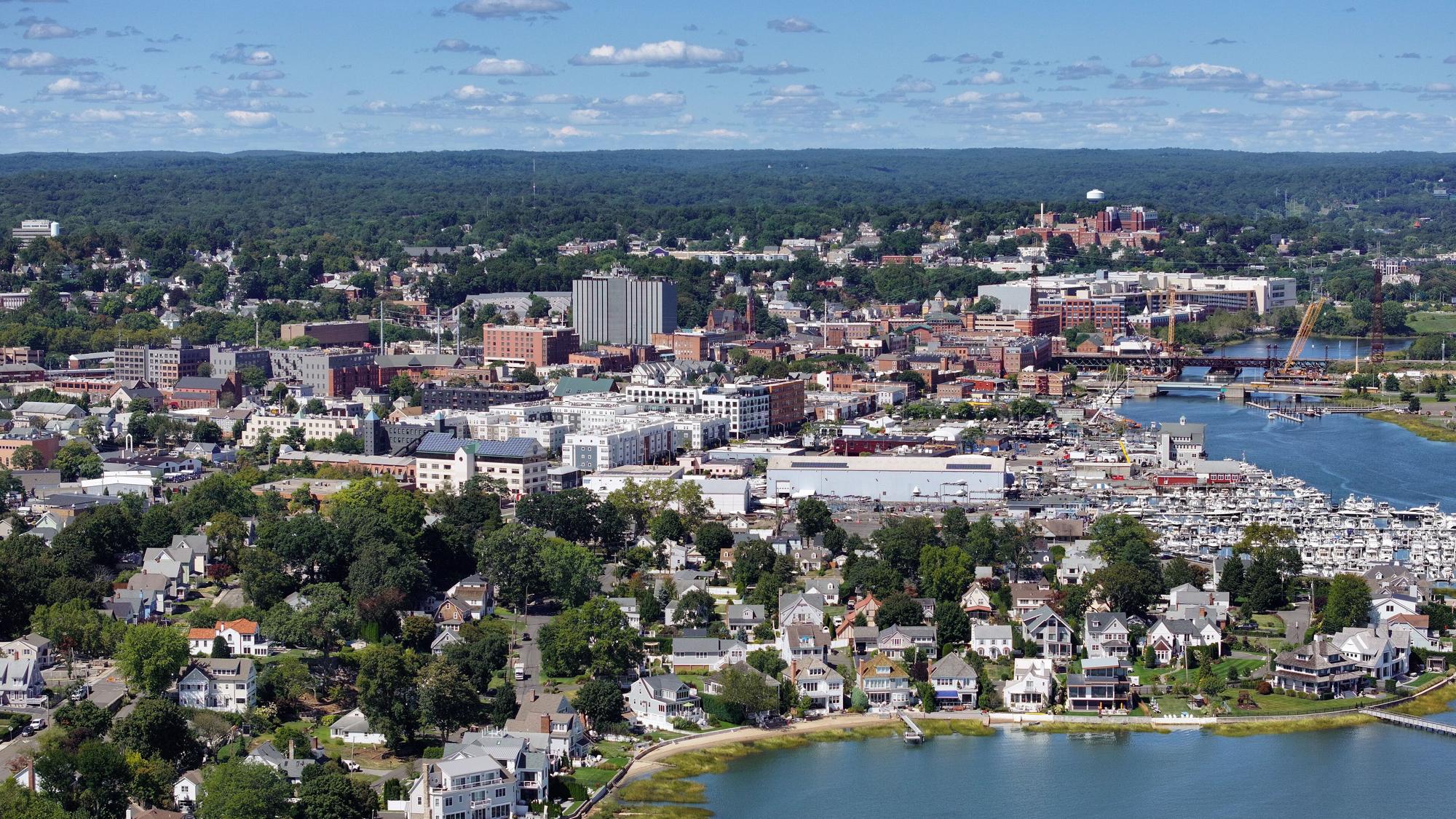 Downtown Norwalk and the harbor from the air